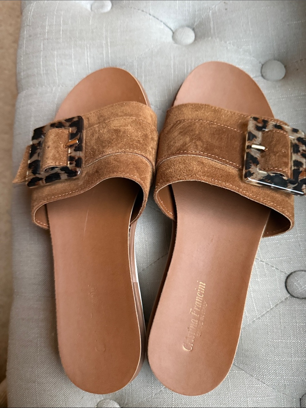 Cristina  Francini Women’s Suede Slide Sandals with Leopard Buckle - Tan